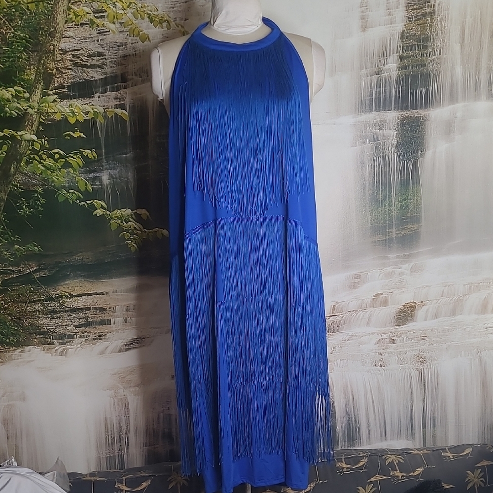 New! Womens 5X beautiful blue fringe sleeveless stretchy halter open back dress
